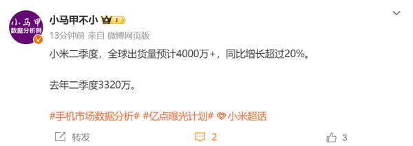这么猛？博主：小米手机二季度全球出货量预计4000万+